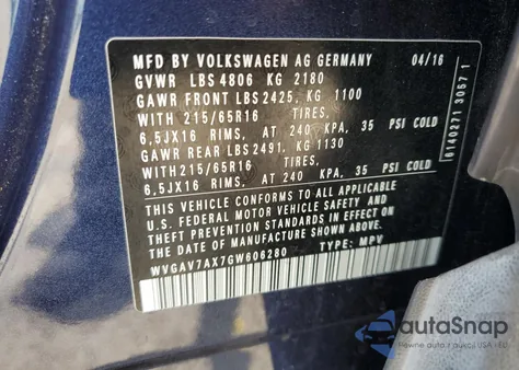 2016 Volkswagen Tiguan S z USA, uszkodzony, nr VIN WVGAV7AX7GW606280